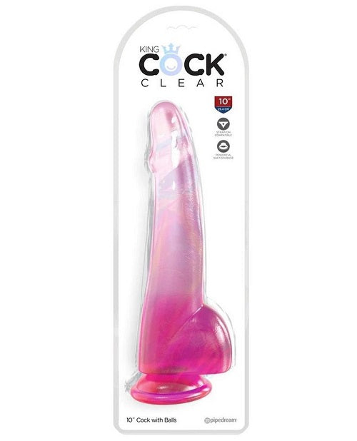 King Cock Clear Dildo with Balls 10in - Pink