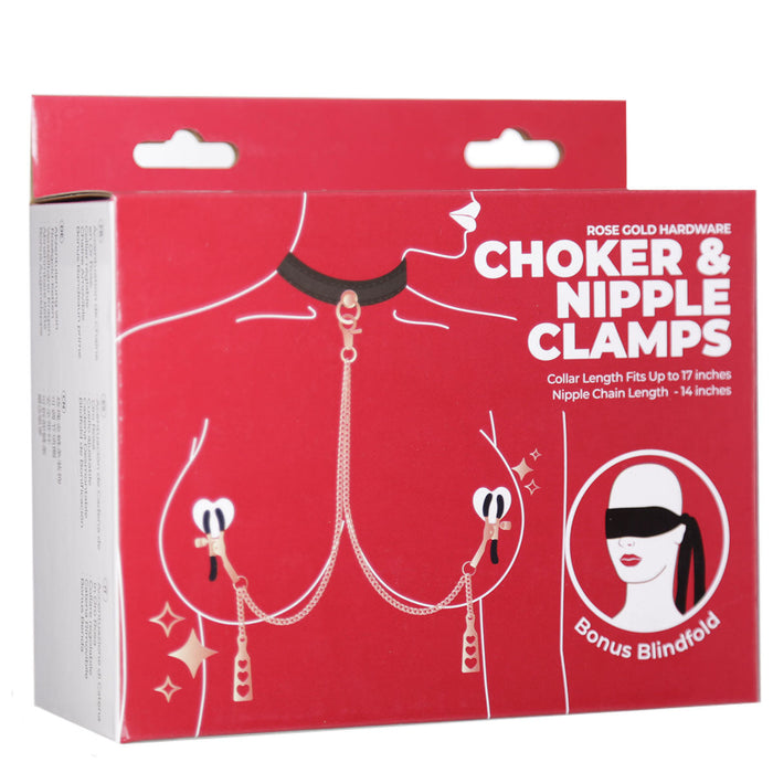 Punishment Choker & Nipple Clamps - Rose Gold