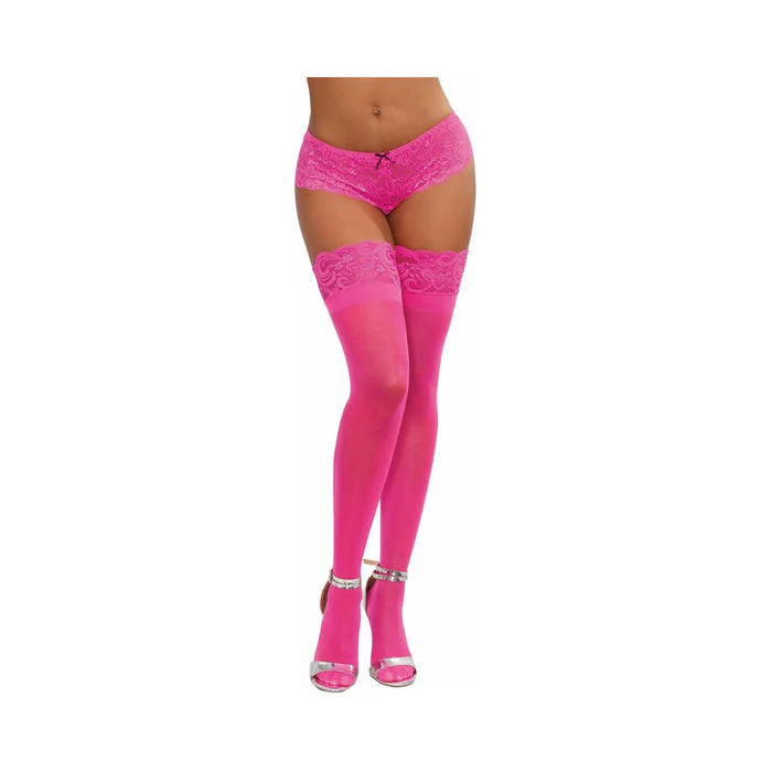 Neon Pink Sheer Thigh-High Stockings W/ Silicone Lace Top Pink OS