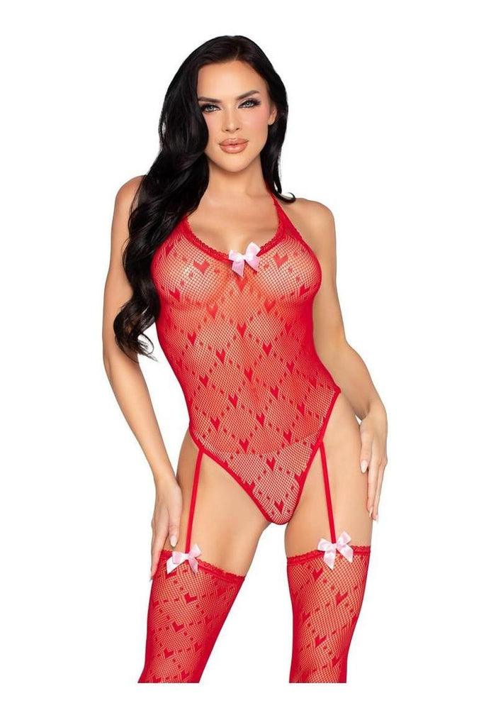 Heart Net Teddy with Attached Stockings - Red - O/S