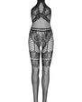 Leg Avenue Seamless Industrial Net Halter Bodystocking with Faux Lace Lingerie Detail -Black (Queen)
