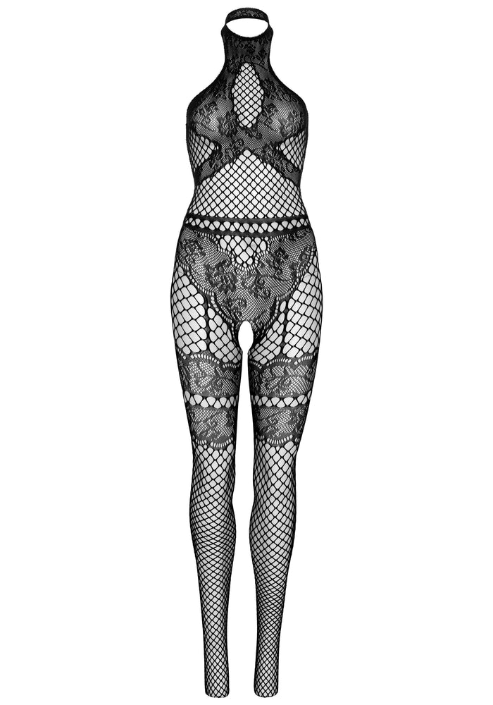 Leg Avenue Seamless Industrial Net Halter Bodystocking with Faux Lace Lingerie Detail -Black (Queen)