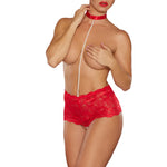 Posh & Spicey High Waisted Lace Thong w/ Pearl String & Collar Red O/S