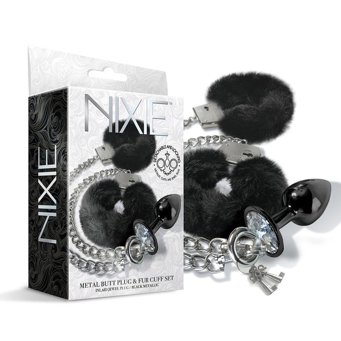 NIXIE Metal Butt Plug & Furry Handcuff Set Black