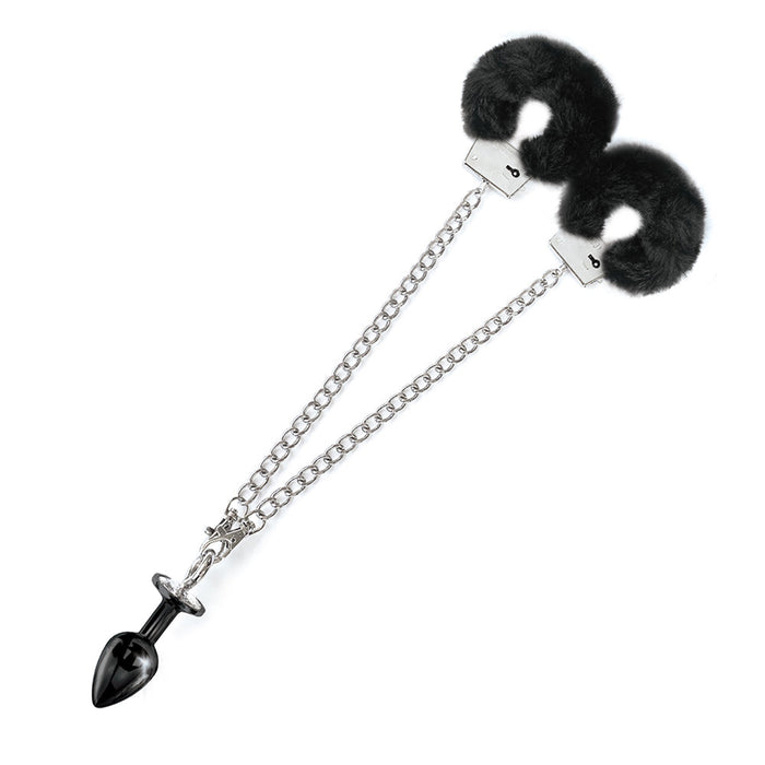 NIXIE Metal Butt Plug & Furry Handcuff Set Black