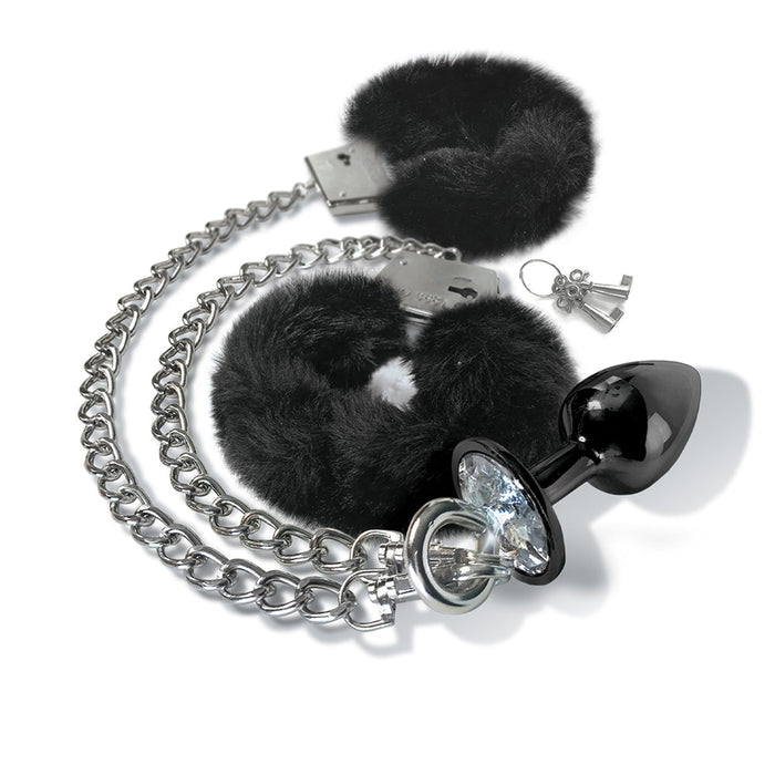 NIXIE Metal Butt Plug & Furry Handcuff Set Black