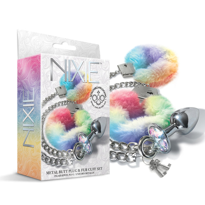 NIXIE Metal Butt Plug & Furry Handcuff Set Unicorn