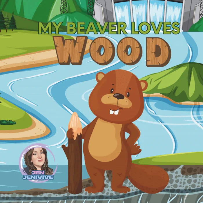 Cartoon beaver holding a log with a river and forest background, featuring the text 'My Beaver Loves Wood' and a logo with a name.