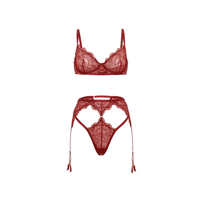 Arielle Lace Unlined Underwire 2 pc Set w/Ring Detail - Burgundy
