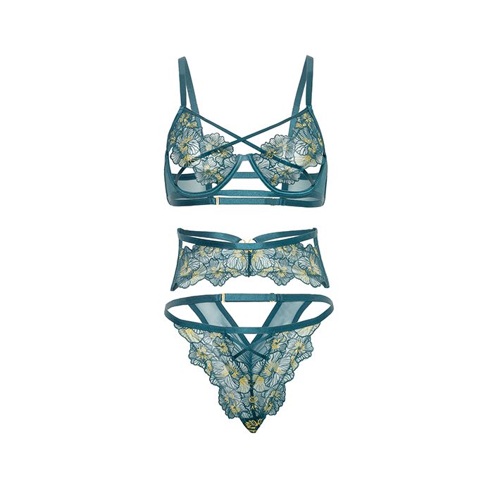 Daphne Lace Underwire 3 pc Set w/Embroidered Trim & Crossing Elastics - Blue