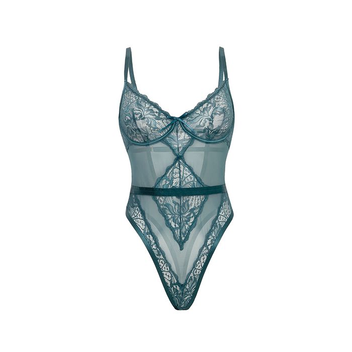 Paisley Lace & Mesh Teddy w/Bow Details - Turquoise