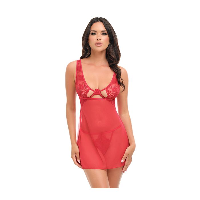 Tiana Lace Babydoll w/Side Slits & Strap Details - Red