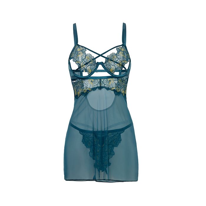Daphne Lace & Mesh Babydoll w/Embroidered Details & Crossing Elastics - Blue