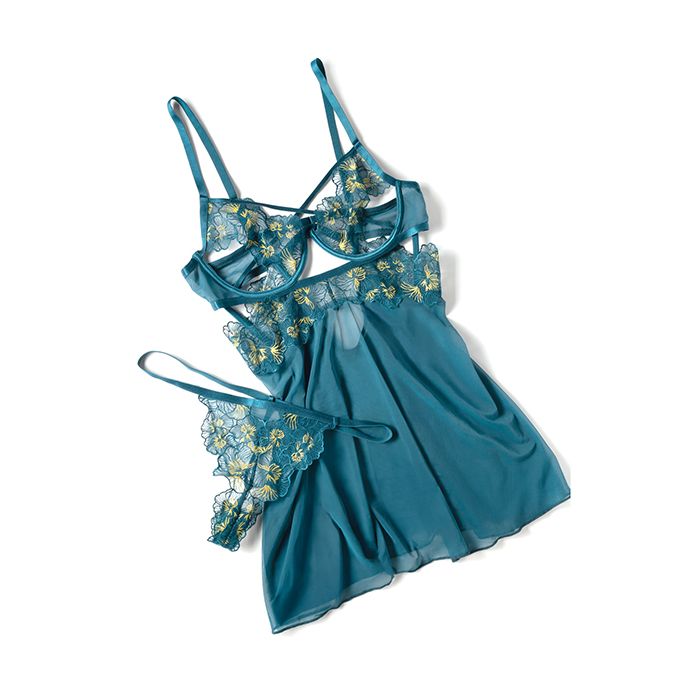 Daphne Lace & Mesh Babydoll w/Embroidered Details & Crossing Elastics - Blue