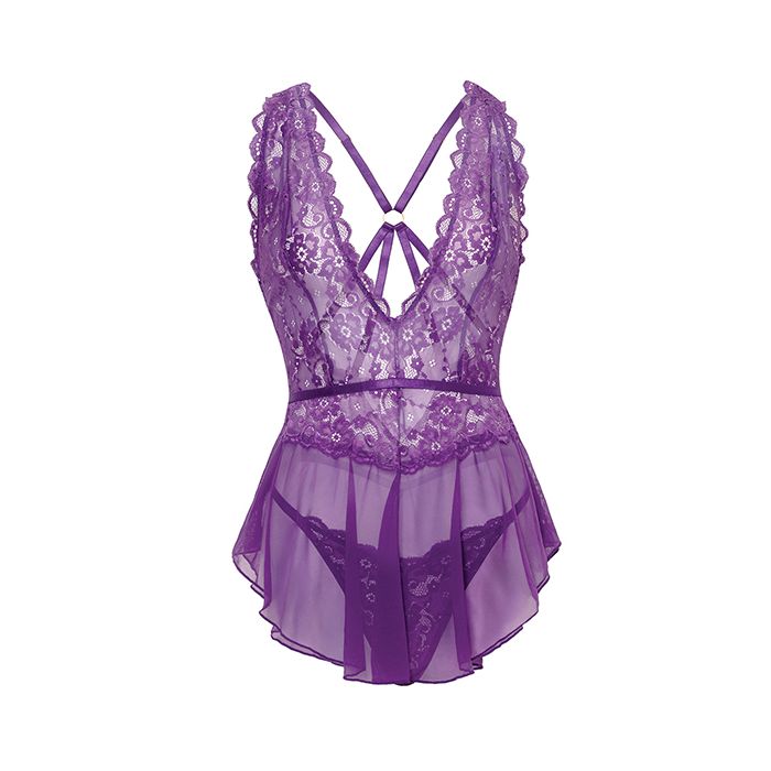 Harmony V-Plunge Lace & Mesh Babydoll w/G-String - Purple