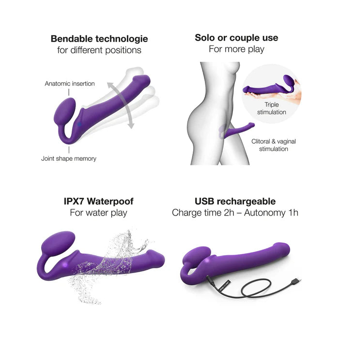 Feature highlights of Strap-On-Me Vibrating Bendable Strap-on: bendable technology, solo or couple use, IPX7 waterproof, and USB rechargeable