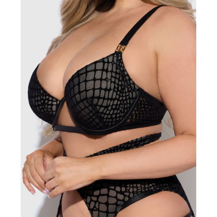 Snake Velvet-Burnout Mesh Bra, Garter, & Backless Hipster Set - Black (Queen Sizes)