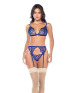 Lace Bralette w/G-String & Garter 3 pc Set - Sapphire Blue