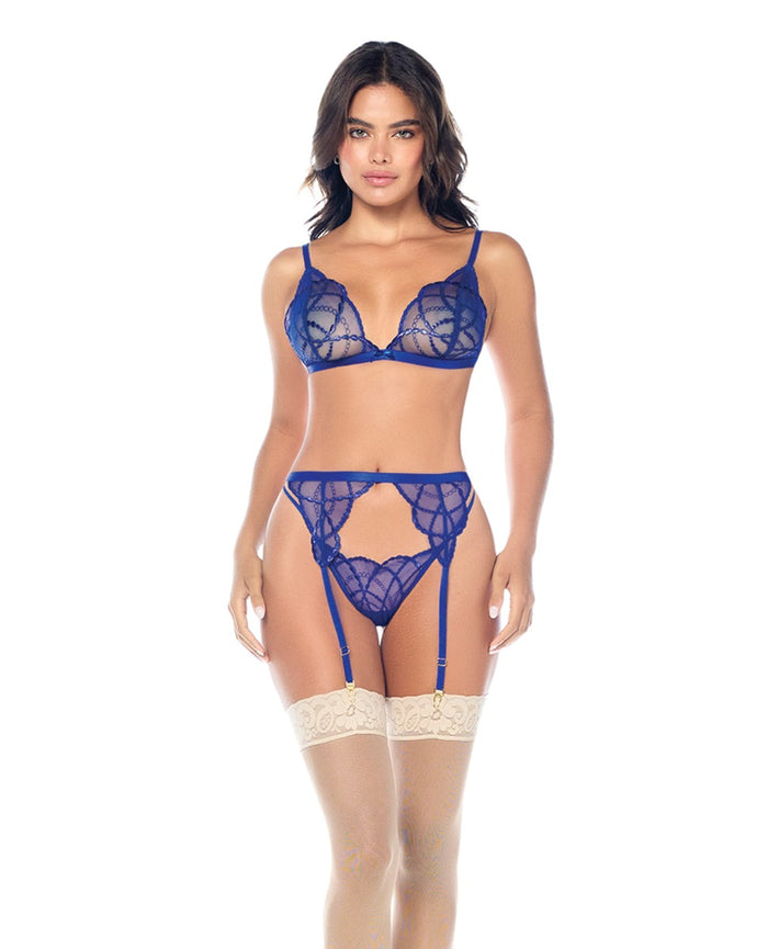Lace Bralette w/G-String & Garter 3 pc Set - Sapphire Blue