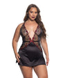 Blossom Beauty Embroidered Rose Lace Babydoll - Black/Red (Queen Sizes)
