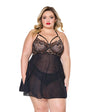 Lace and Mesh Underwire Babydoll w/Thong - Black/Rose - Queen