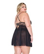 Lace and Mesh Underwire Babydoll w/Thong - Black/Rose - Queen