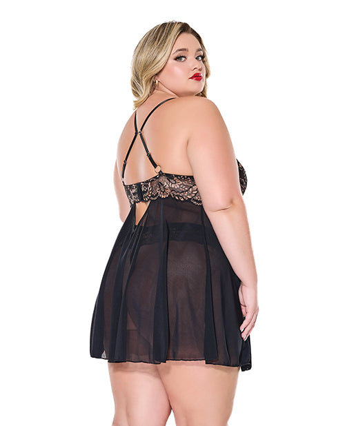 Lace and Mesh Underwire Babydoll w/Thong - Black/Rose - Queen