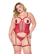 Metallic Stretch Scallop Lace and Mesh Bustier w/Thong - Red - Queen