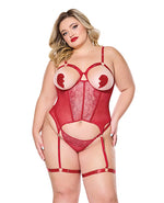 Metallic Stretch Scallop Lace and Mesh Bustier w/Thong - Red - Queen