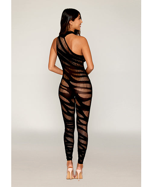 Asymmetrical Knitted Bodystocking w/Slash Design - Black O/S