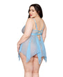 Floral Embroidered Lace and Stretch Mesh Babydoll w/G-String 2 pc Set - Arctic Blue - Queen