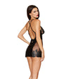 Embroidered Stretch Faux Leather and Mesh Chemise - Black