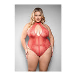 Temptress Calliope Striped Sheer Floral Lace Zippered Teddy - Coral (Queen Sizes)