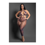 Sheer Set Me Free Mesh Body Stocking w/Zebra Pattern & Open Crotch - Purple (Queen)