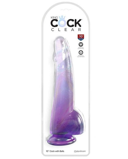 King Cock Clear Dildo with Balls 10in - Purple