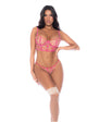 Scallop Lace and Mesh Lace-Up Underwire Bralette w/Thong 2 pc Set - Pink