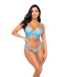 Scallop Lace and Mesh Underwire Bra w/Thong 2 pc Set - Light Blue
