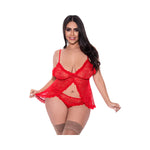 Magic Silk Ooh La Lace Babydoll & Split-Crotch Panty Set Red