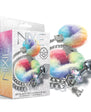 NIXIE metal butt plug and fur cuff set packaging with colorful fur cuffs on a white background