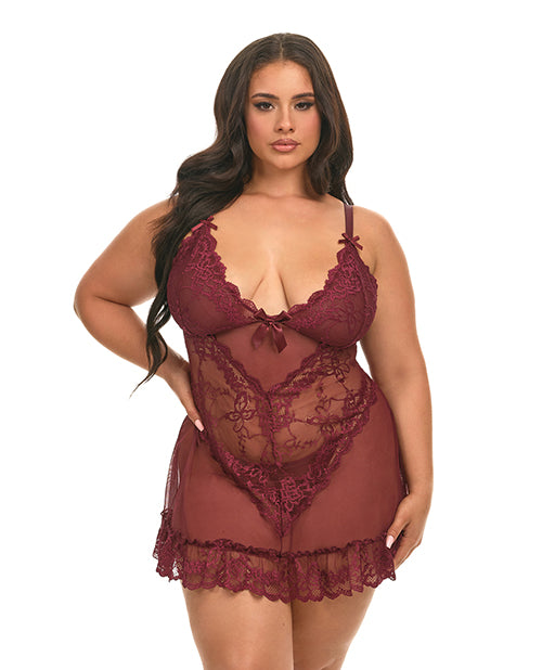 Valentine Lacey Babydoll w/G-String - Zinfandel - Queen