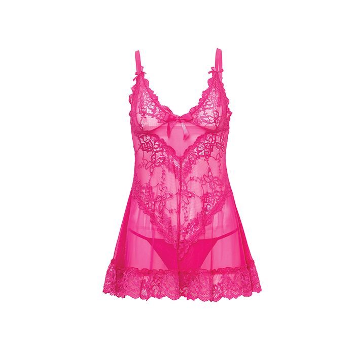 Valentine Lace Babydoll w/Bows & G-String - Rose