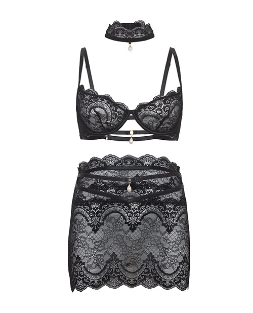 Perla Lace 3 pc Set w/Pearl Details - Black