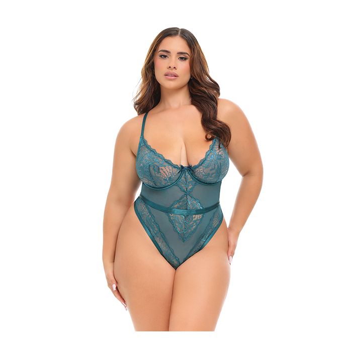 Paisley Lace & Mesh Teddy w/Bow Details - Turquoise (Queen)