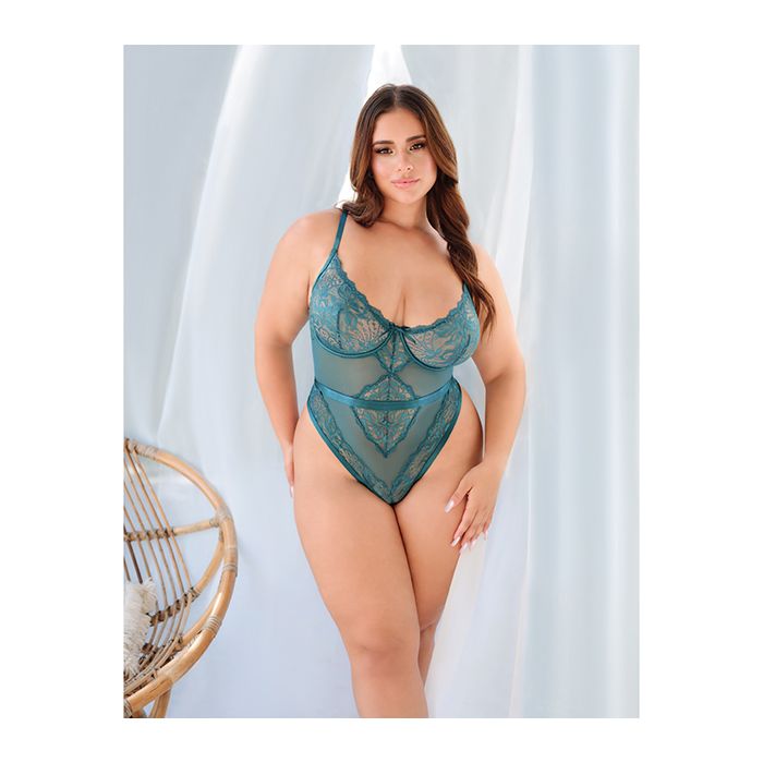 Paisley Lace & Mesh Teddy w/Bow Details - Turquoise (Queen)