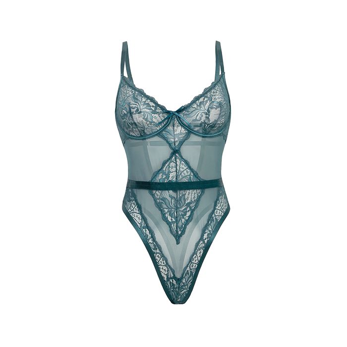 Paisley Lace & Mesh Teddy w/Bow Details - Turquoise (Queen)