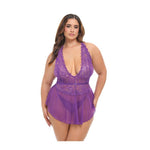 Harmony V-Plunge Lace & Mesh Babydoll w/G-String - Purple (Queen)