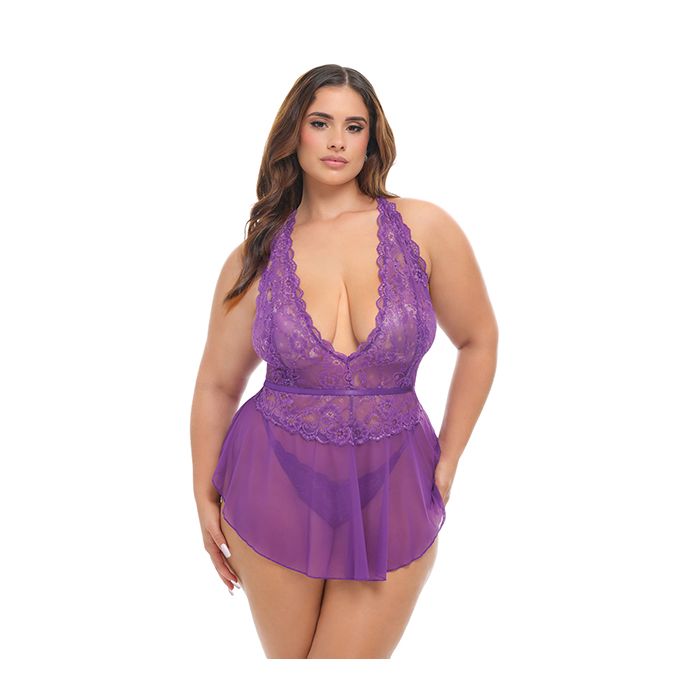 Harmony V-Plunge Lace & Mesh Babydoll w/G-String - Purple (Queen)