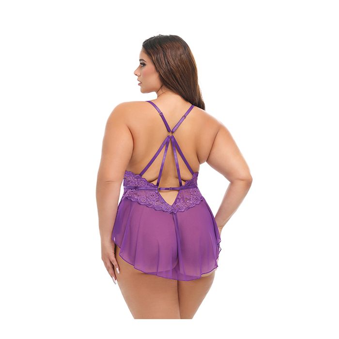 Harmony V-Plunge Lace & Mesh Babydoll w/G-String - Purple (Queen)