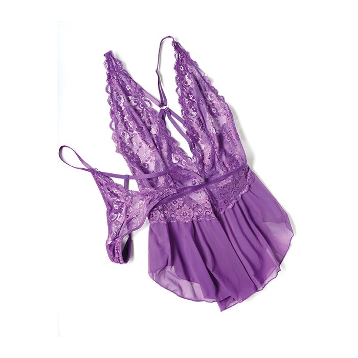 Harmony V-Plunge Lace & Mesh Babydoll w/G-String - Purple (Queen)