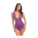 Harmony V-Plunge Lace & Mesh Babydoll w/G-String - Purple